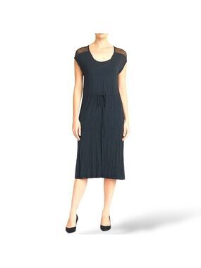 SARAH PACINI Grey Semi Sheer Knit Mesh Midi Dress Cap Sleeves Drawstring Waist M